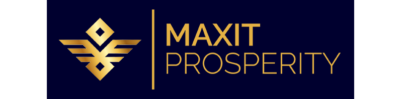 company logo maxit prosperity text in gold with a navy blue background